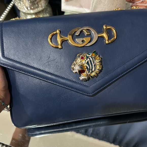 ✨Gucci Rajah Chain Shoulder Bag Leather Medium Blue Handbag Bag - Picture 8 of 16